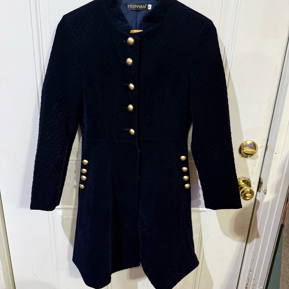Women's Navy Coat with Gold Buttons Quilted Velvet Wool Blend